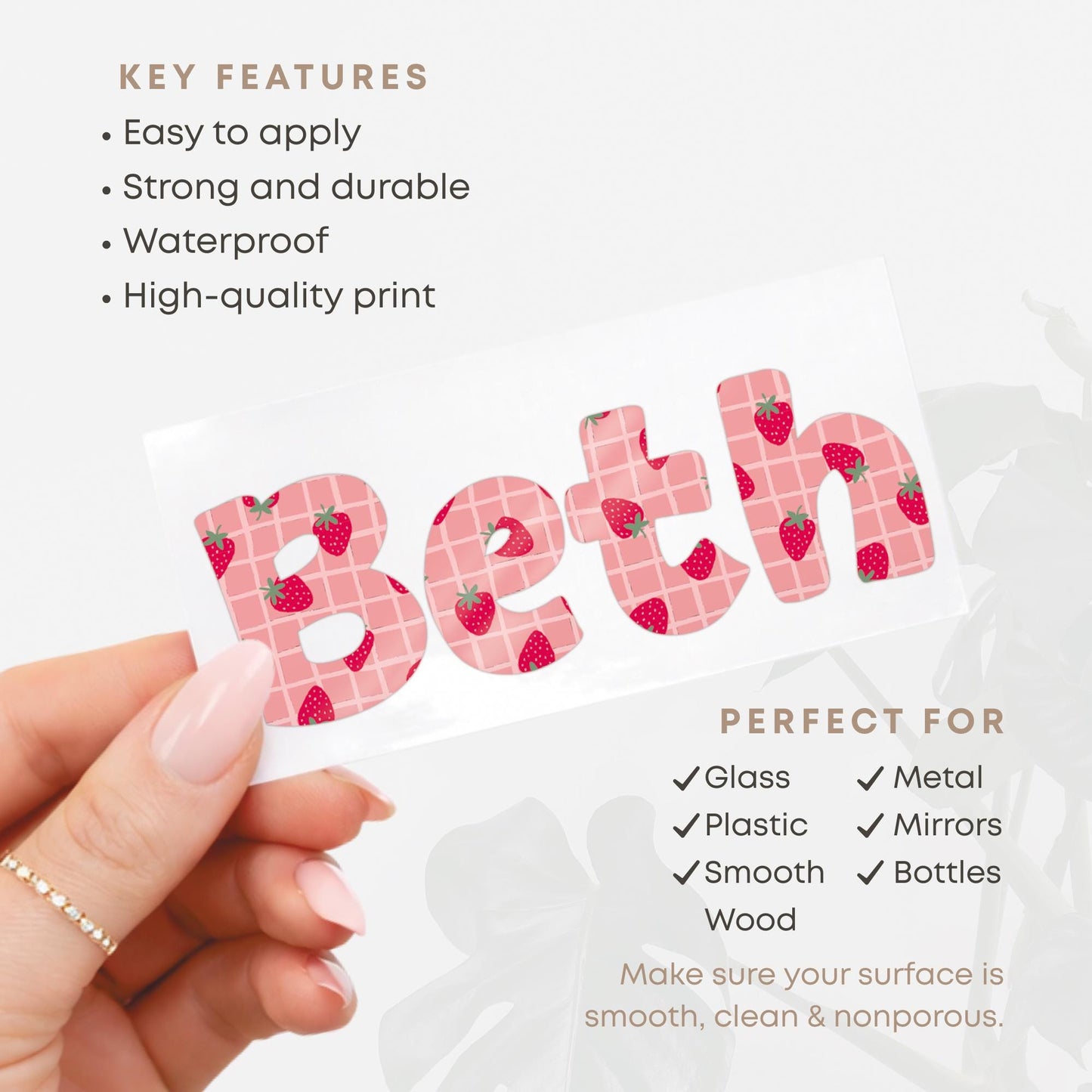 Personalised Strawberry Name Sticker | Custom Waterproof Coquette Vinyl Decal | Name Label for Bottle - Lunchbox - or Glass