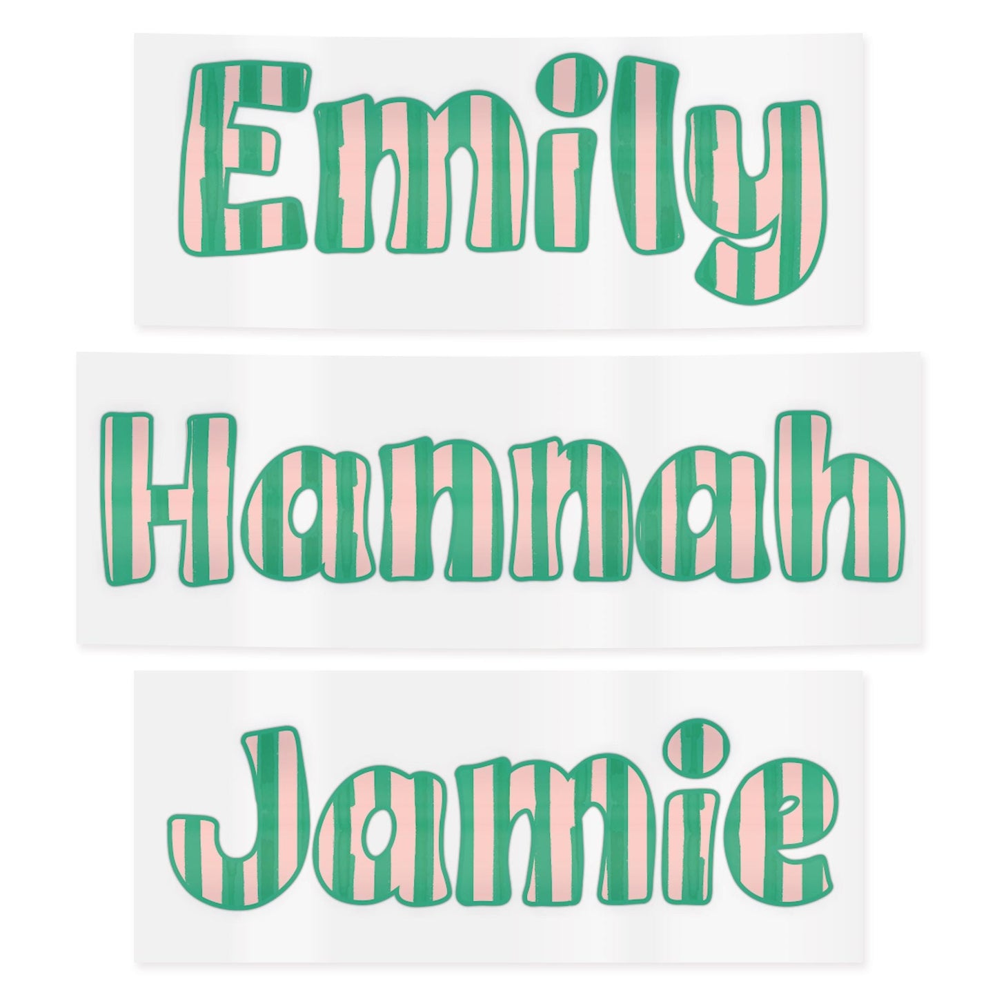 Personalised Name Sticker | Custom Pink & Green Striped Vinyl Decal | Waterproof Name Label for Bottle - Lunchbox - or Glass