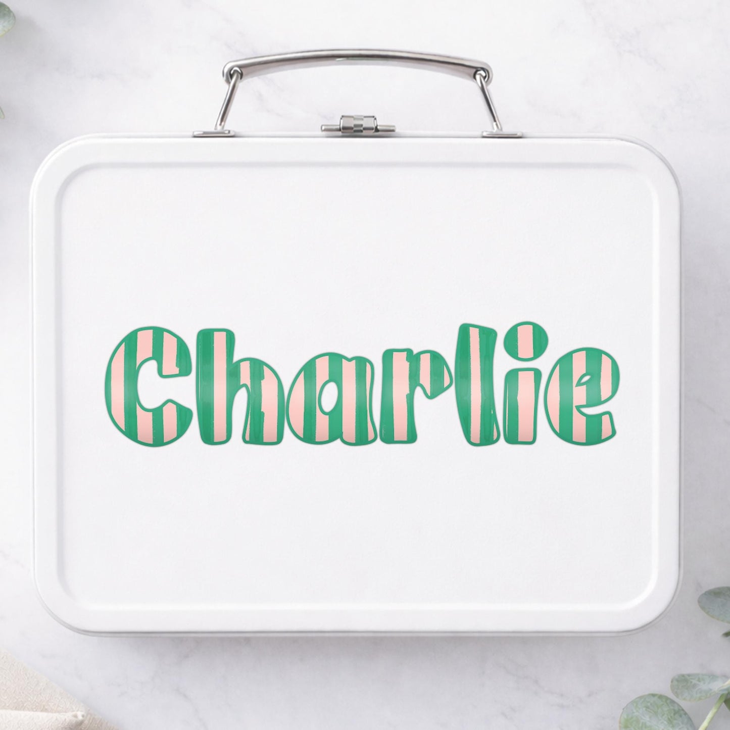 Personalised Name Sticker | Custom Pink & Green Striped Vinyl Decal | Waterproof Name Label for Bottle - Lunchbox - or Glass