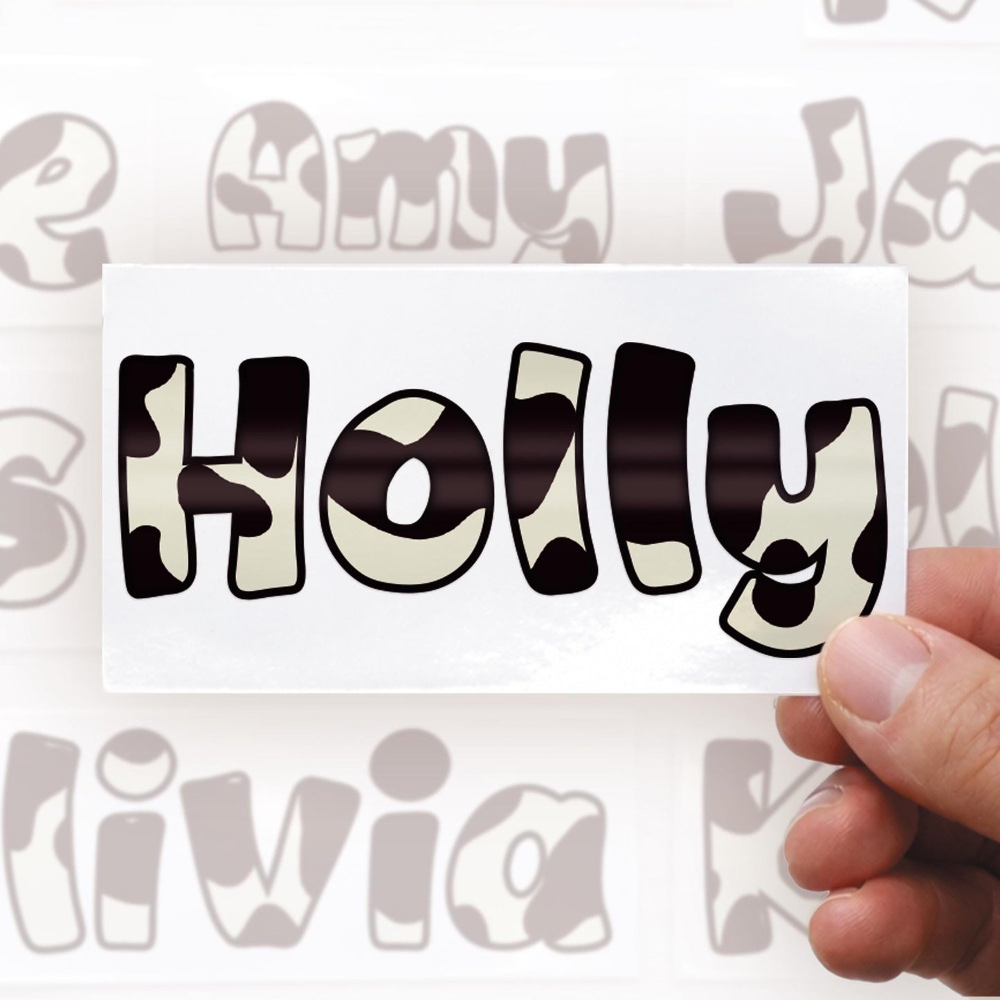 Personalised Cow Print Name Sticker - Custom Vinyl Waterproof Bottle Laptop Lunch Box Decal Label