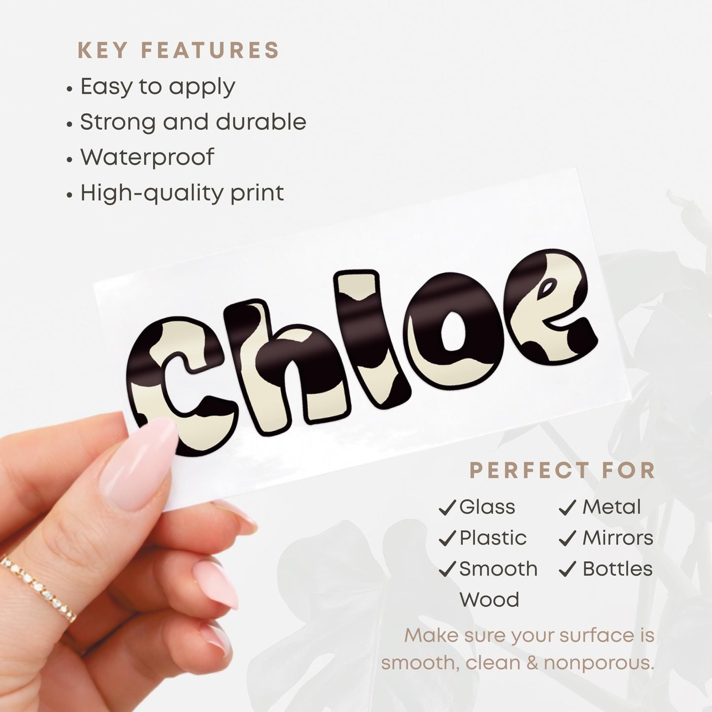 Personalised Cow Print Name Sticker - Custom Vinyl Waterproof Bottle Laptop Lunch Box Decal Label