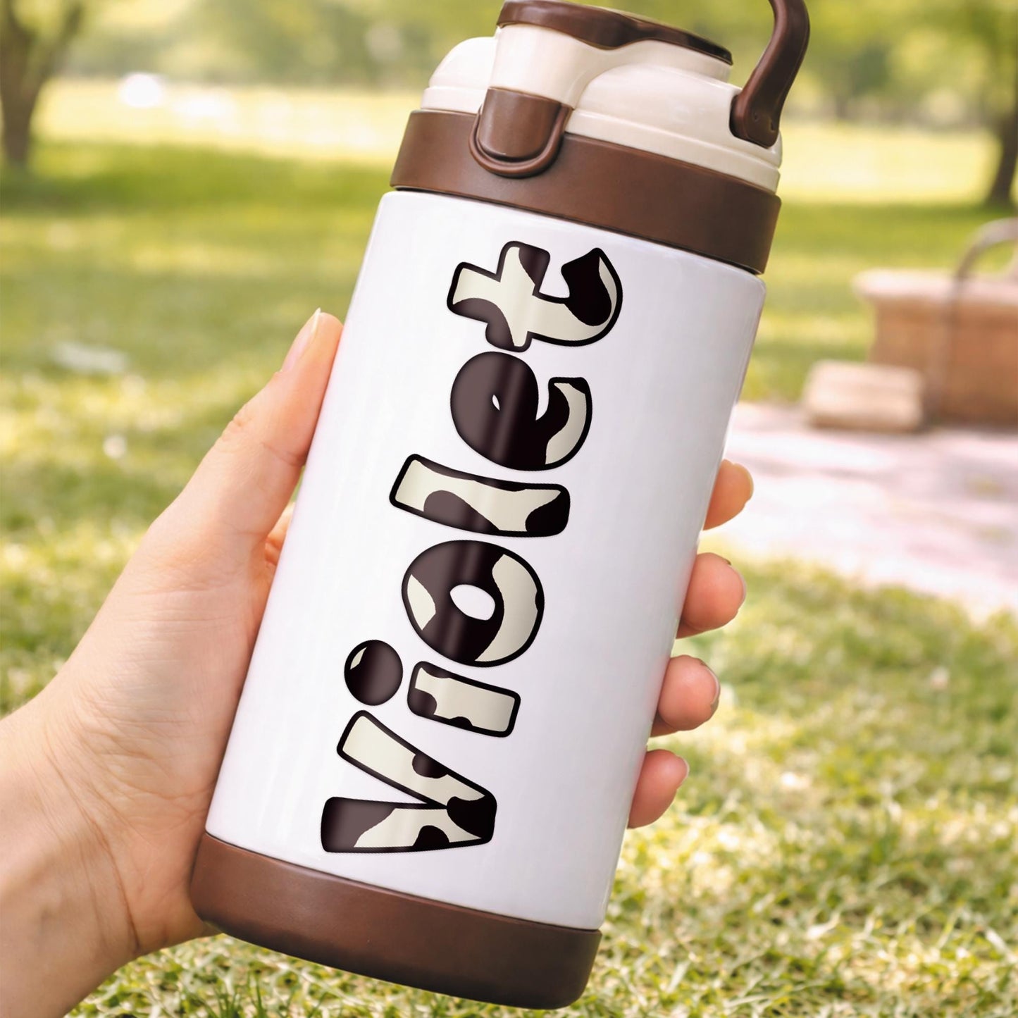 Personalised Cow Print Name Sticker - Custom Vinyl Waterproof Bottle Laptop Lunch Box Decal Label