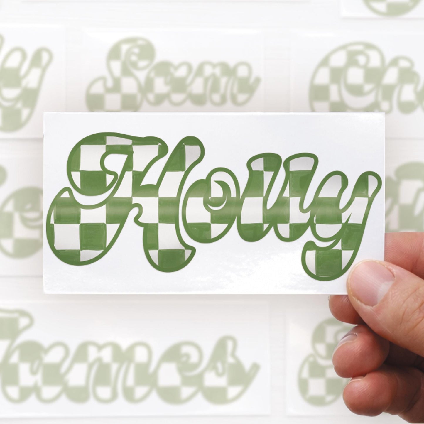 Personalised Name Sticker | Green Chequered Custom Vinyl | Alt Skater Aesthetic Waterproof Label for Water Bottle Lunchbox or Glass