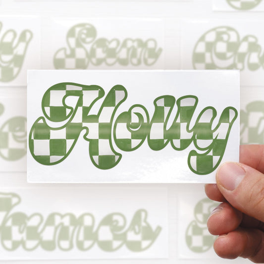 Personalised Name Sticker | Green Chequered Custom Vinyl | Alt Skater Aesthetic Waterproof Label for Water Bottle Lunchbox or Glass