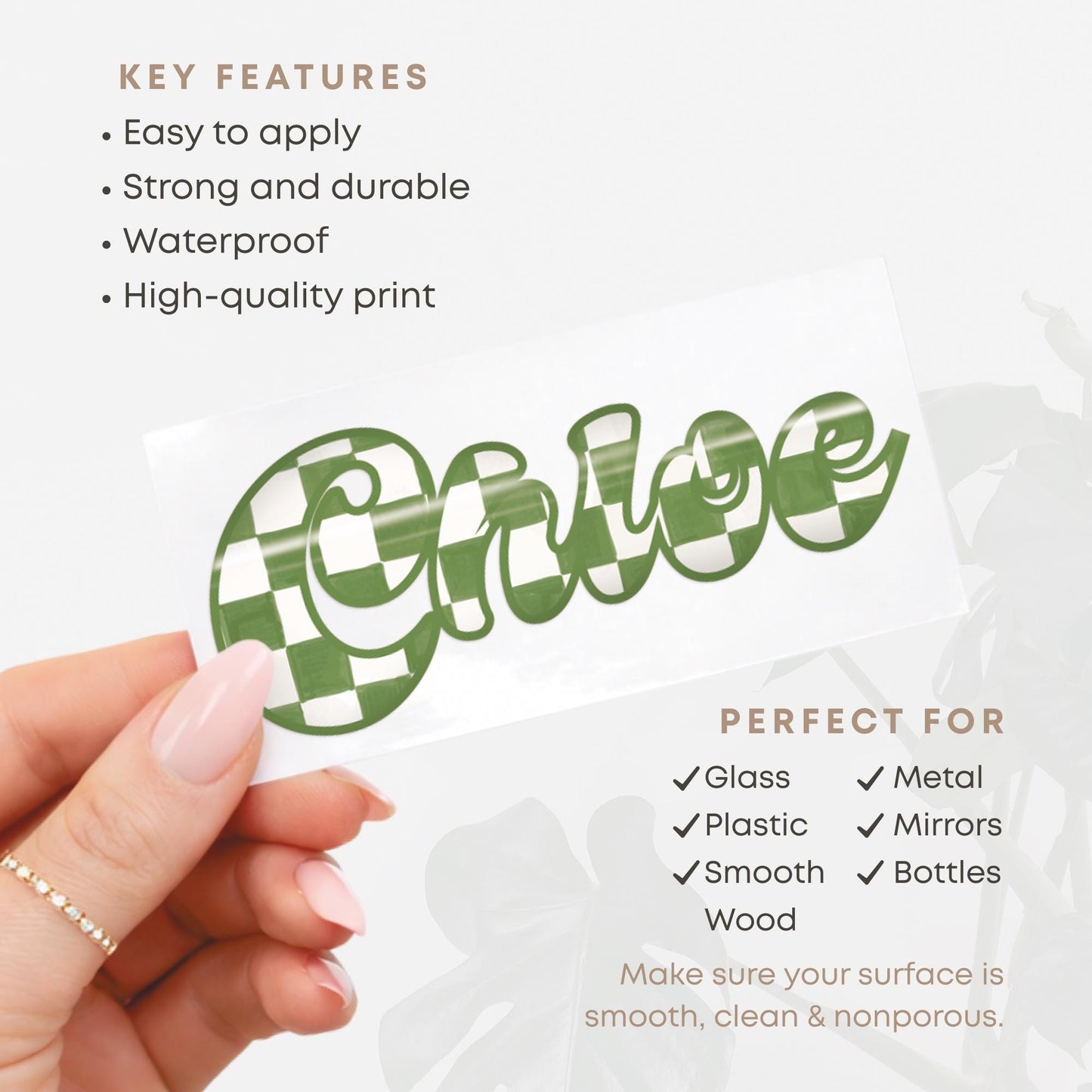 Personalised Name Sticker | Green Chequered Custom Vinyl | Alt Skater Aesthetic Waterproof Label for Water Bottle Lunchbox or Glass