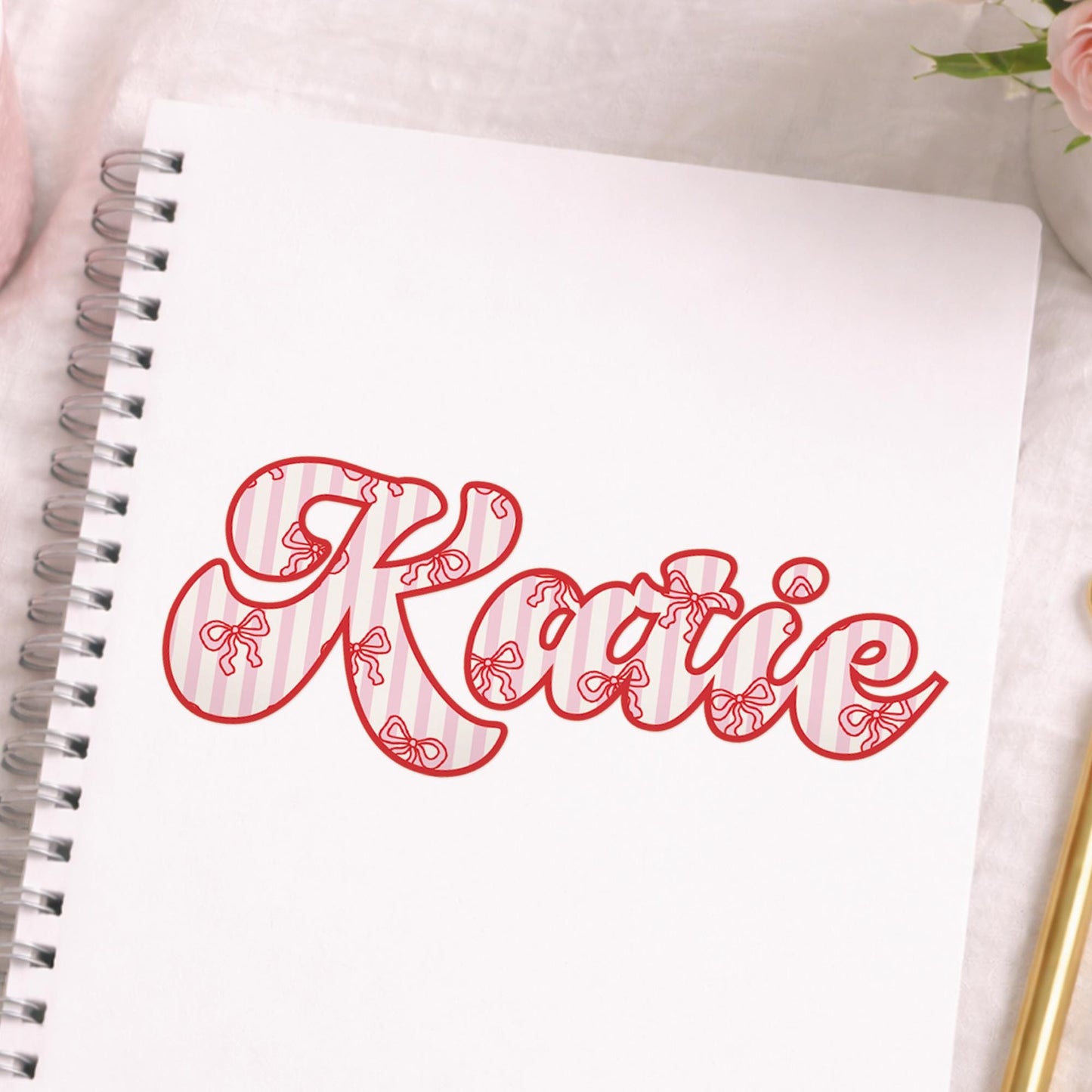 Personalised Name Sticker  Bow & Stripes Custom Vinyl Decal | Preppy Pink Coquette Aesthetic Waterproof Label for Water Bottle or Lunchbox