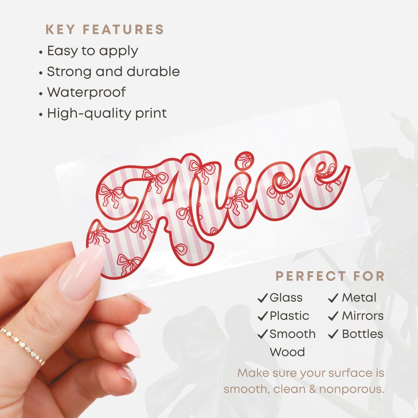 Personalised Name Sticker  Bow & Stripes Custom Vinyl Decal | Preppy Pink Coquette Aesthetic Waterproof Label for Water Bottle or Lunchbox