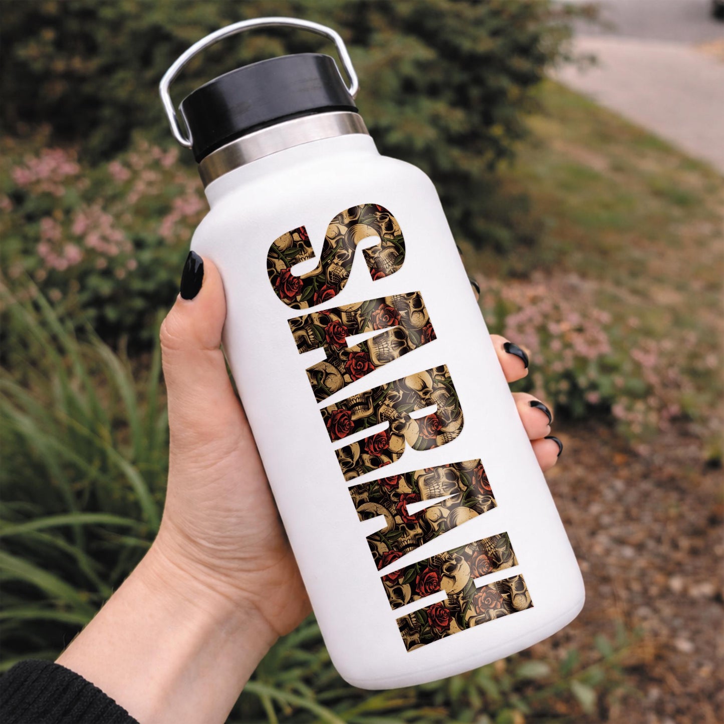 Personalised Name Sticker with Skull and Roses | Custom Vinyl Decal | Gothic Style Waterproof Sticker | Biker Aesthetic