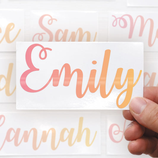 Personalised Name Sticker | Pink to Yellow Gradient Custom Vinyl Decal | Waterproof Label for Bottles Laptops & Tumblers