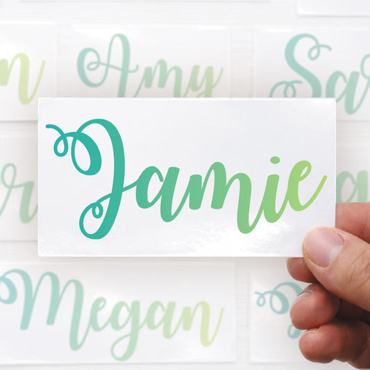 Personalised Name Sticker | Blue to Yellow Gradient Custom Vinyl Decal | Waterproof Label for Bottles Laptops & Tumblers