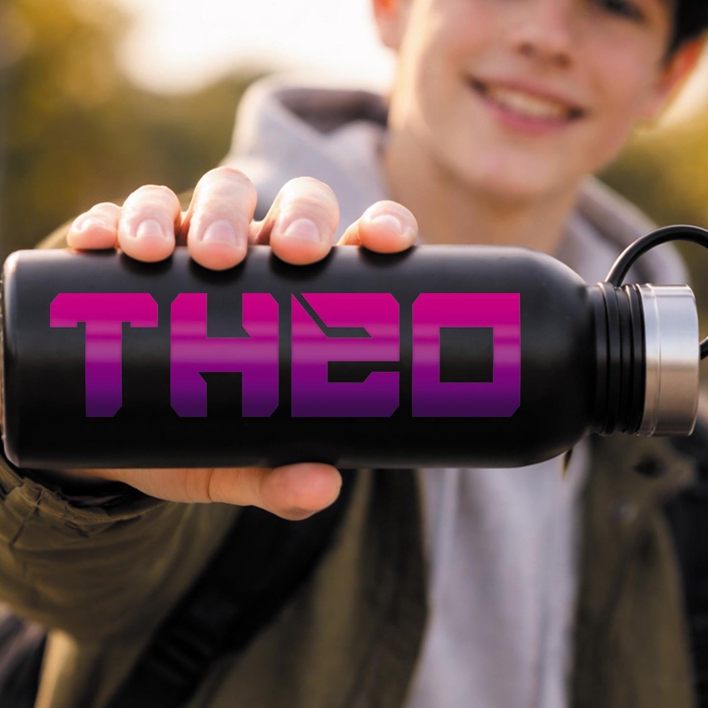 Personalised Name Sticker | Pink & Purple Gradient Vinyl Decal | Custom Gamer Style Waterproof Water Bottle Label