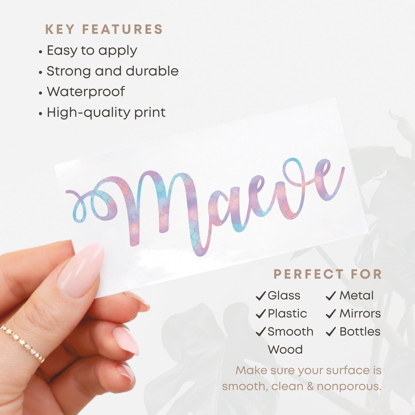 Personalised Mermaid Name Sticker | Custom Kids Name Decal Waterproof Pastel Rainbow Vinyl Bottle Label