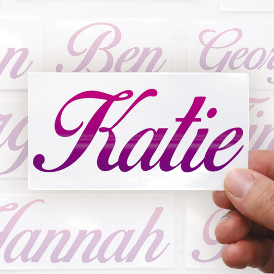 Personalised Name Sticker | Custom Script Name Pink & Purple Gradient Vinyl Decal | Waterproof Label for Bottle or  Case