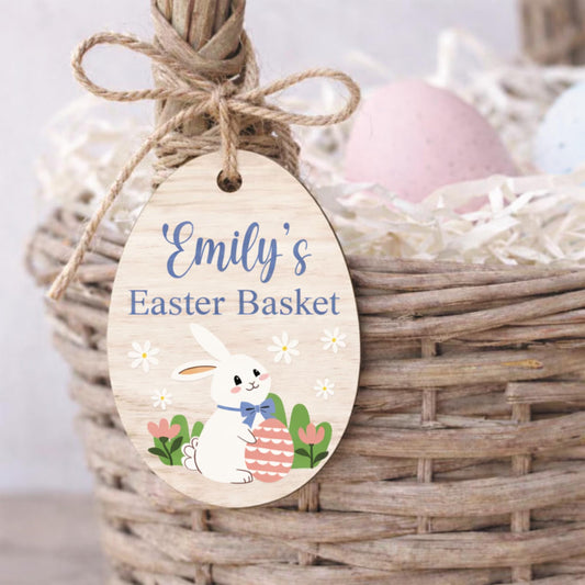 Personalised Easter Basket Tag | Wooden Cute Bunny Name Tag | Custom Easter Basket Decoration