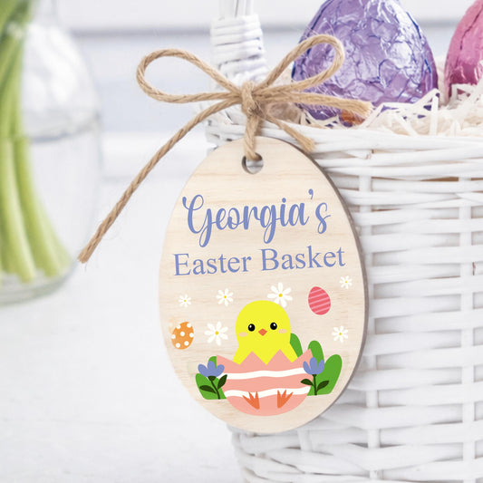 Personalised Easter Basket Tag | Wooden Cute Chick & Egg Name Tag | Custom Easter Label Decoration