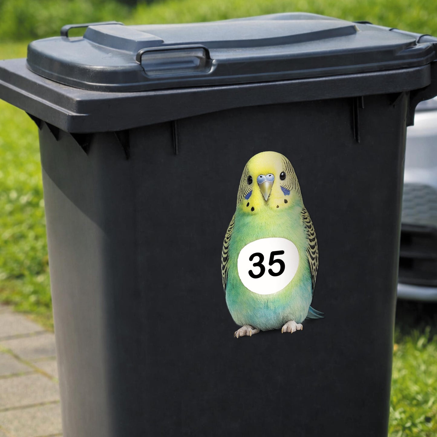 Personalised Wheelie Bin Sticker | Budgie House Number Decal | Waterproof Bird Outdoor Dustbin Label