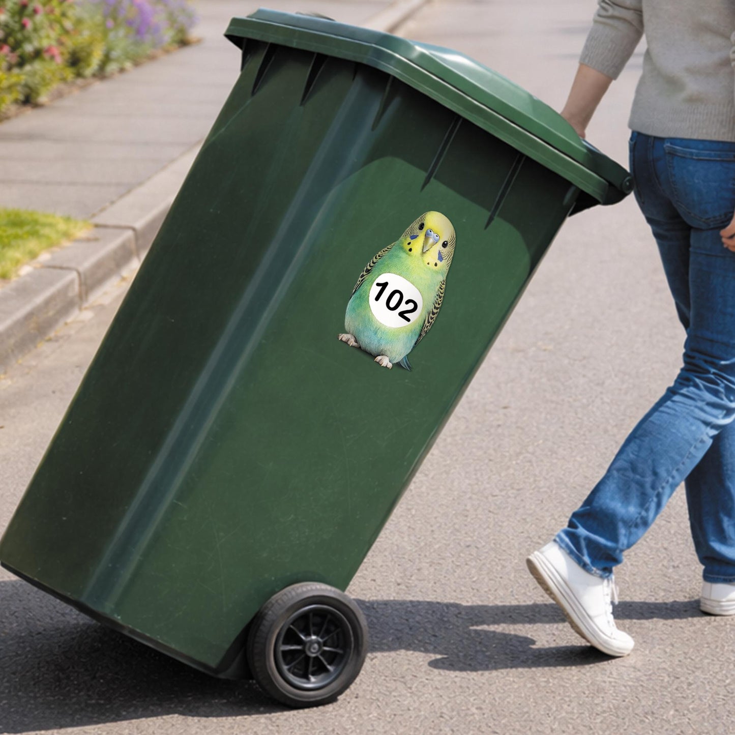 Personalised Wheelie Bin Sticker | Budgie House Number Decal | Waterproof Bird Outdoor Dustbin Label