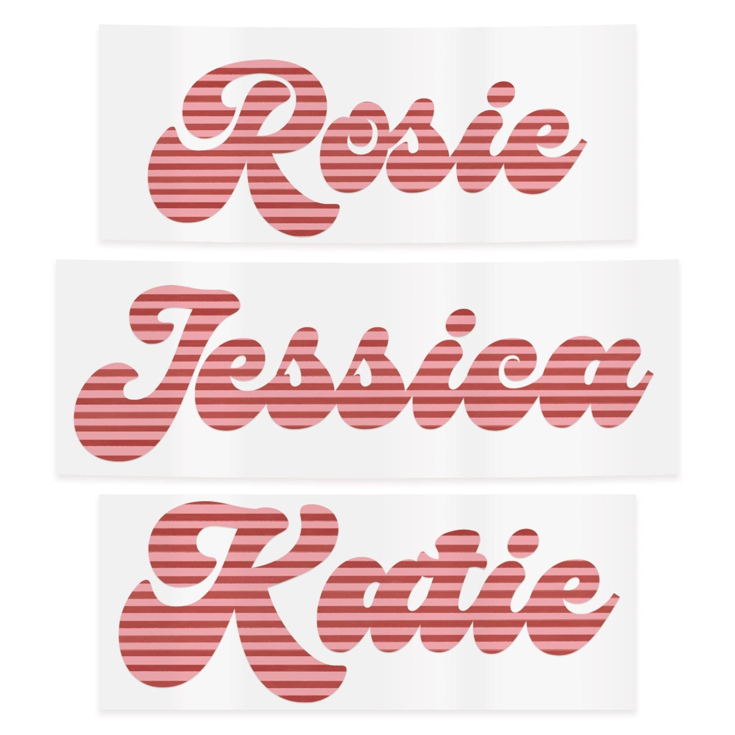Personalised Name Sticker | Custom Retro Script Pink Striped Vinyl Decal | Waterproof Name Bottle Label
