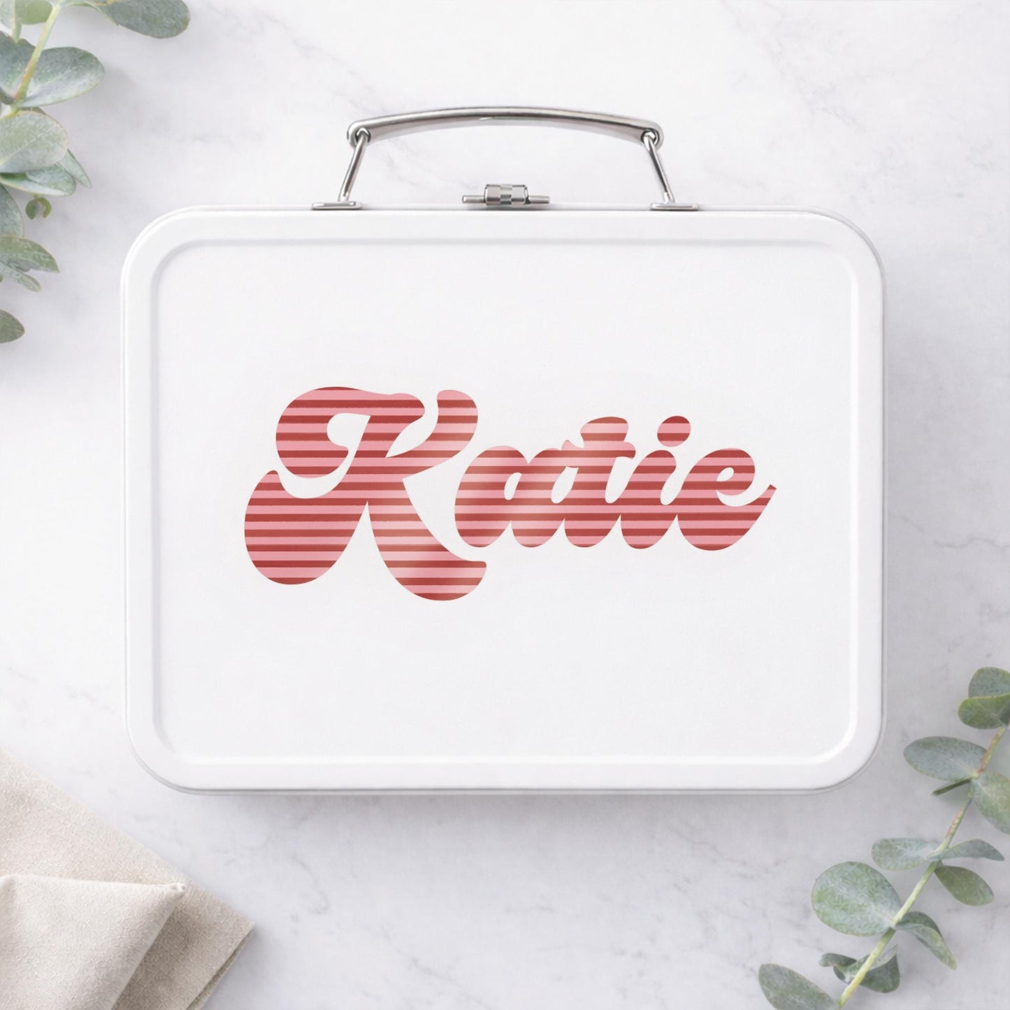 Personalised Name Sticker | Custom Retro Script Pink Striped Vinyl Decal | Waterproof Name Bottle Label