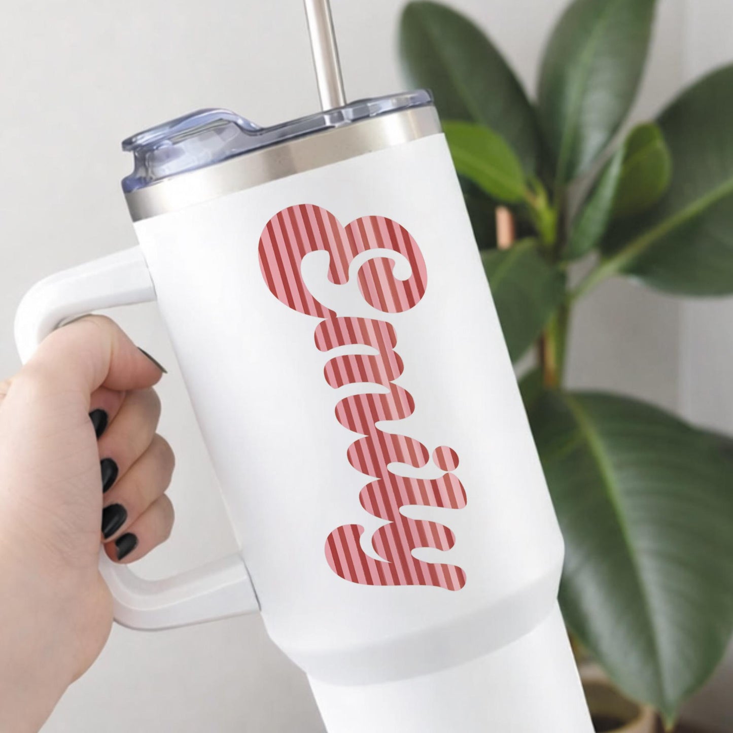 Personalised Name Sticker | Custom Retro Script Pink Striped Vinyl Decal | Waterproof Name Bottle Label