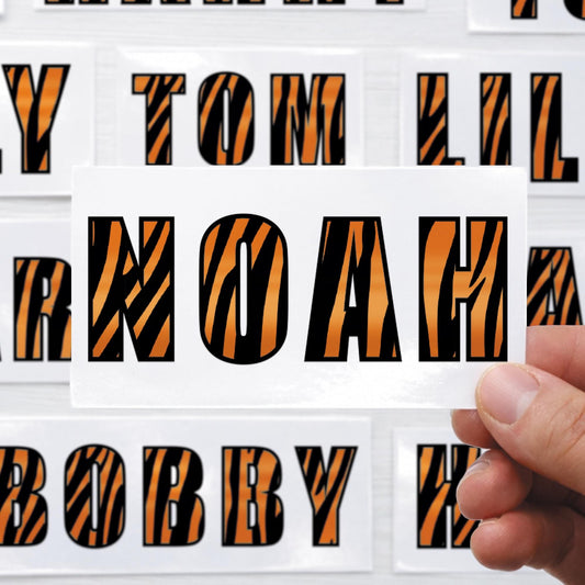 Personalised Name Sticker | Custom Tiger Print Vinyl Decal |  Waterproof Label for Kids Bottle or Lunchbox