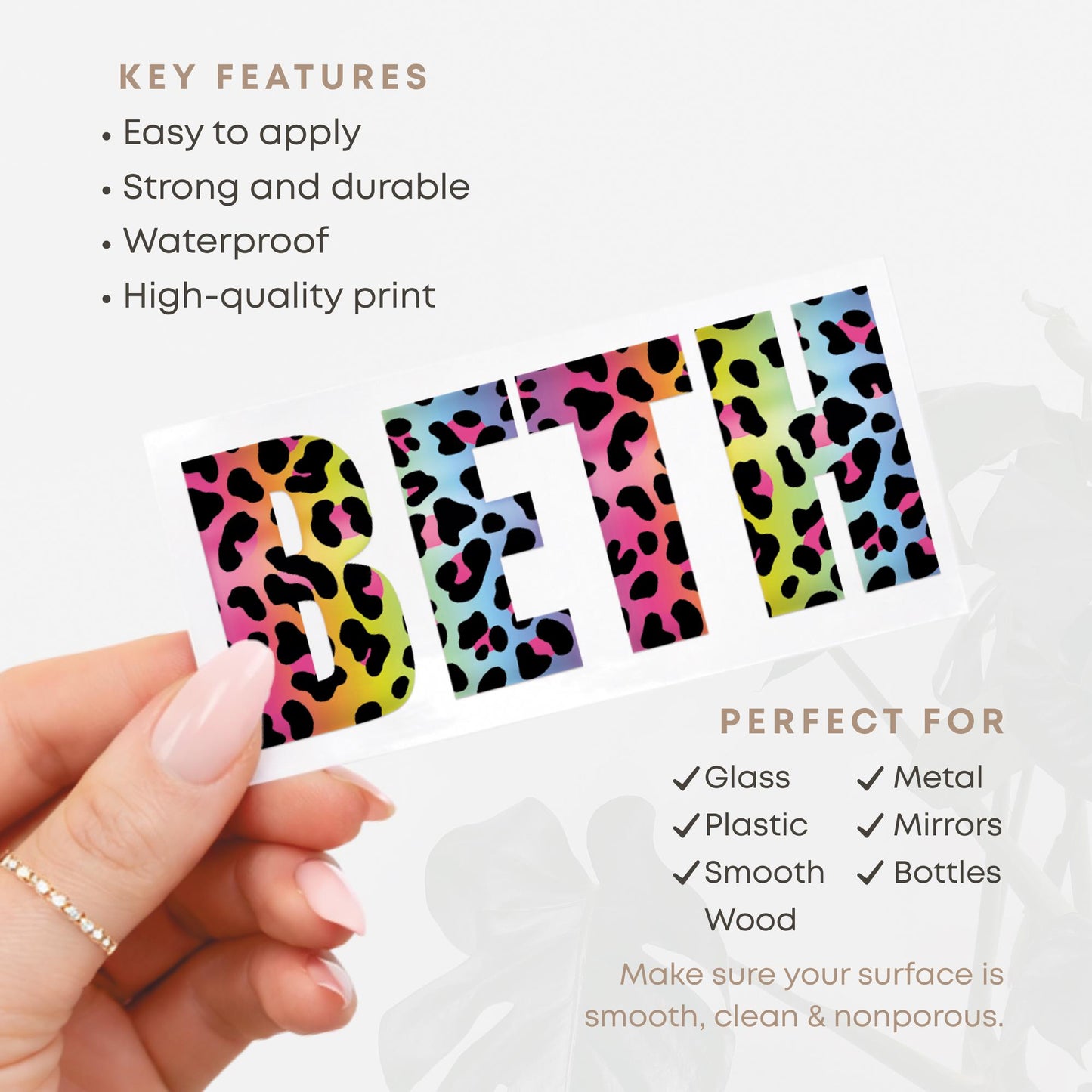 Personalised Name Sticker | Custom Rainbow Leopard Print Vinyl Name Decal | Waterproof Label for Bottle