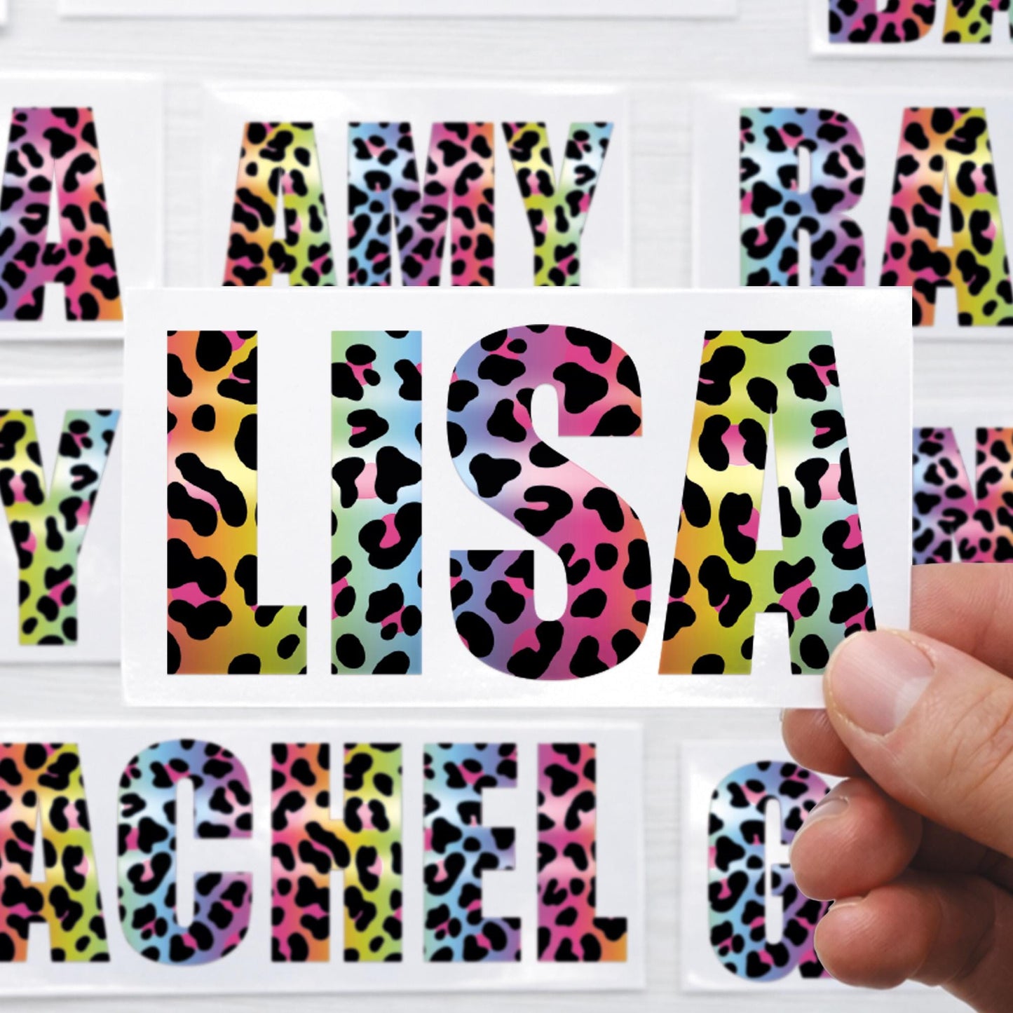 Personalised Name Sticker | Custom Rainbow Leopard Print Vinyl Name Decal | Waterproof Label for Bottle