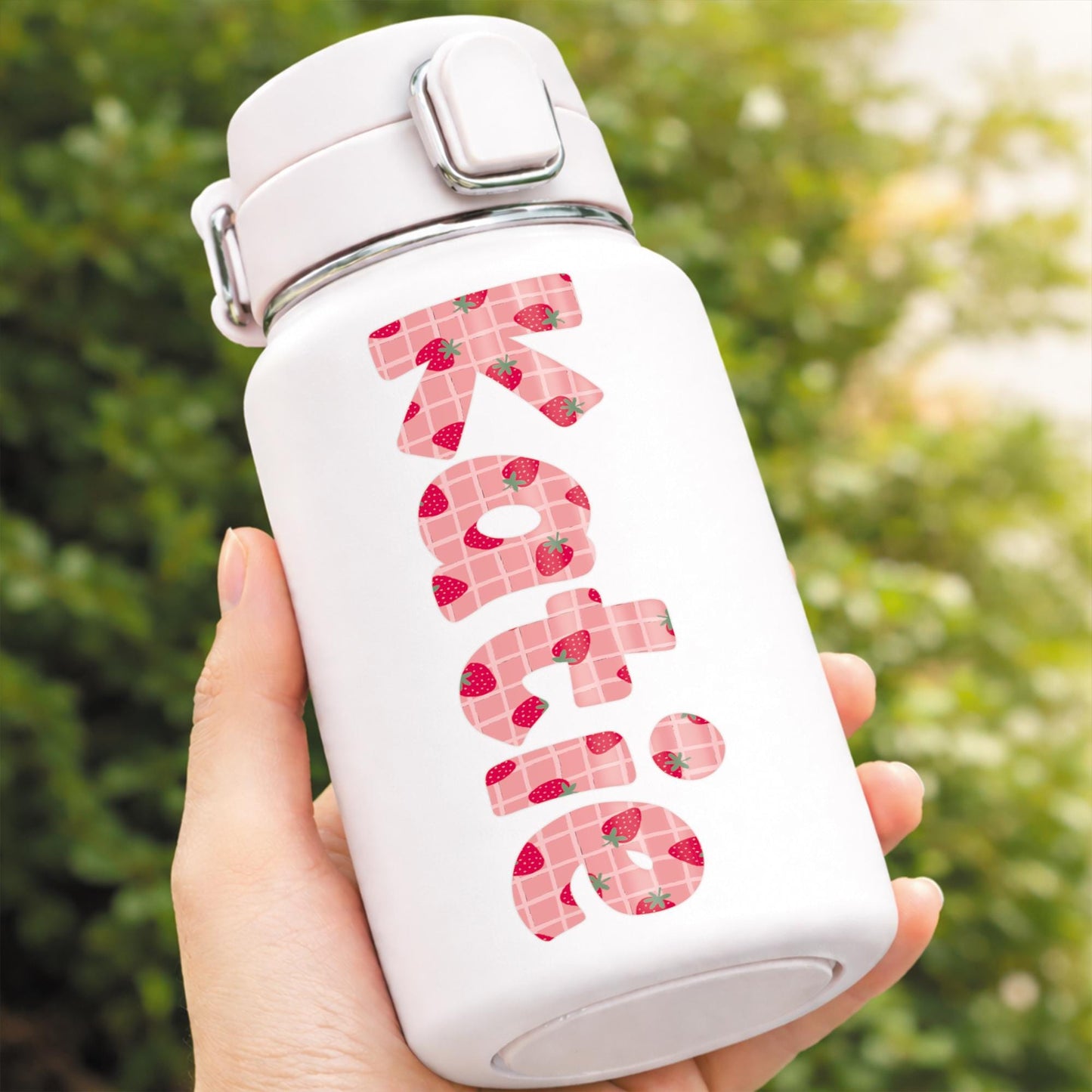 Personalised Strawberry Name Sticker | Custom Waterproof Coquette Vinyl Decal | Name Label for Bottle - Lunchbox - or Glass