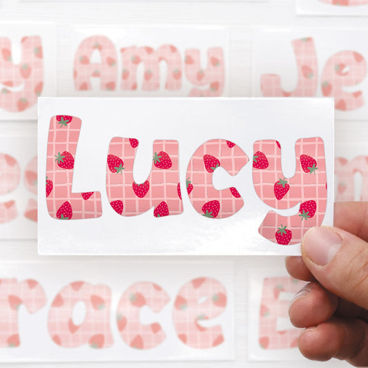 Personalised Strawberry Name Sticker | Custom Waterproof Coquette Vinyl Decal | Name Label for Bottle - Lunchbox - or Glass