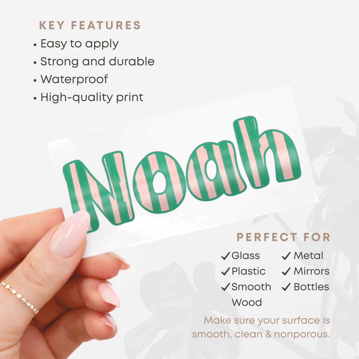 Personalised Name Sticker | Custom Pink & Green Striped Vinyl Decal | Waterproof Name Label for Bottle - Lunchbox - or Glass