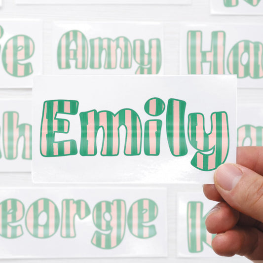 Personalised Name Sticker | Custom Pink & Green Striped Vinyl Decal | Waterproof Name Label for Bottle - Lunchbox - or Glass