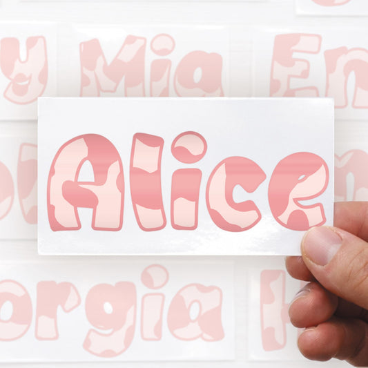 Personalised Pink Cow Print Name Sticker  Custom Vinyl Name Decal | Y2K Aesthetic Waterproof Label for Water Bottle Lunchbox or Glass