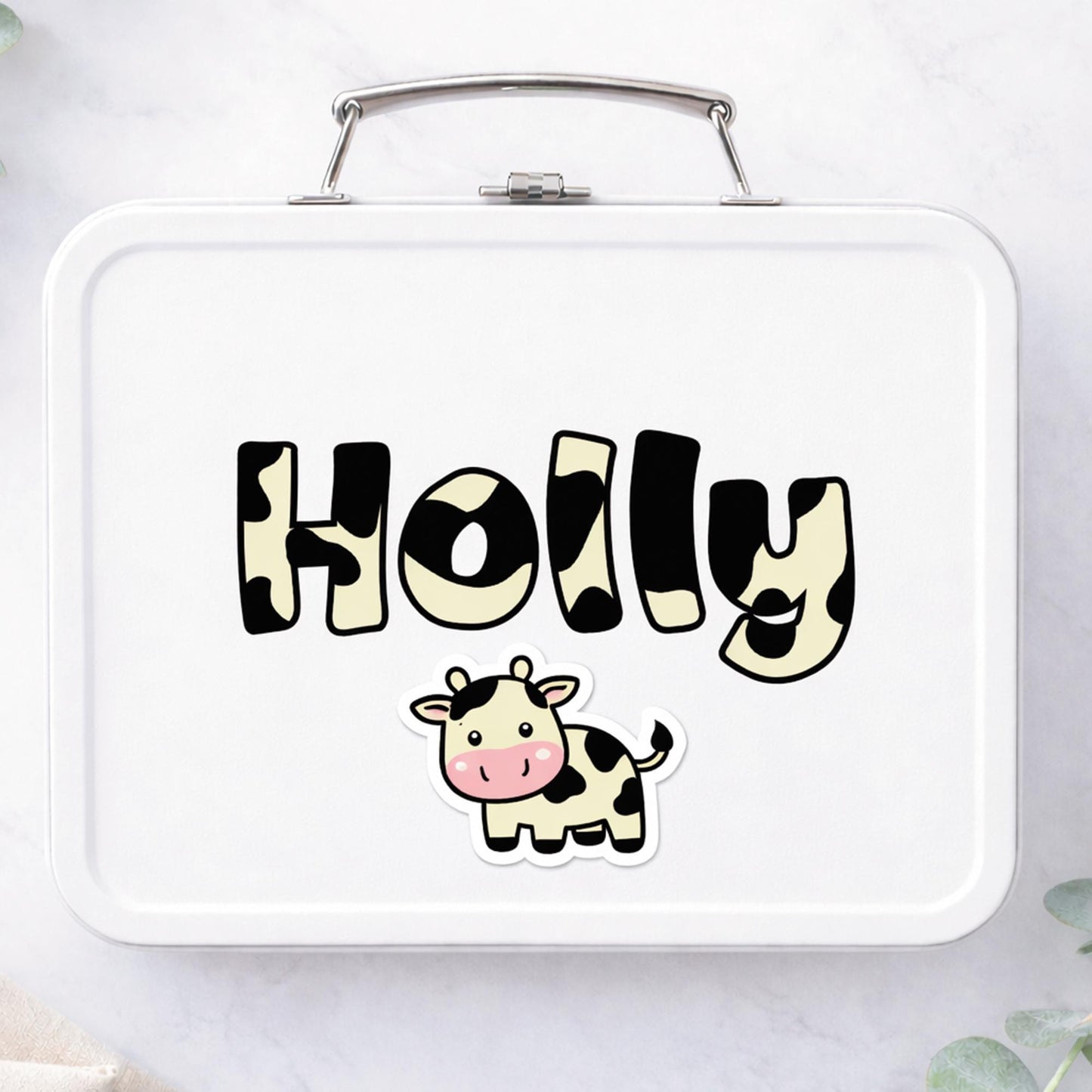 Personalised Cow Print Name Sticker - Custom Vinyl Waterproof Bottle Laptop Lunch Box Decal Label