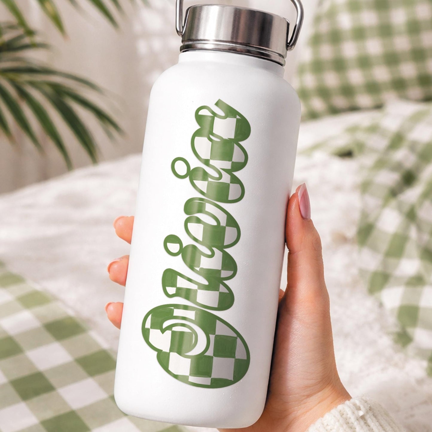 Personalised Name Sticker | Green Chequered Custom Vinyl | Alt Skater Aesthetic Waterproof Label for Water Bottle Lunchbox or Glass