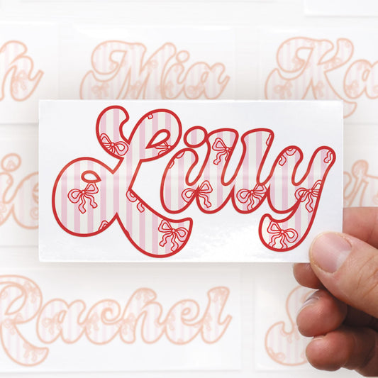 Personalised Name Sticker  Bow & Stripes Custom Vinyl Decal | Preppy Pink Coquette Aesthetic Waterproof Label for Water Bottle or Lunchbox