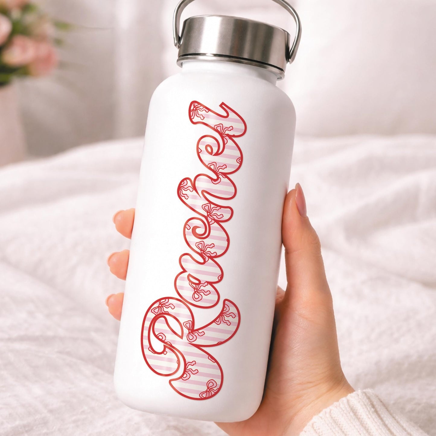 Personalised Name Sticker  Bow & Stripes Custom Vinyl Decal | Preppy Pink Coquette Aesthetic Waterproof Label for Water Bottle or Lunchbox