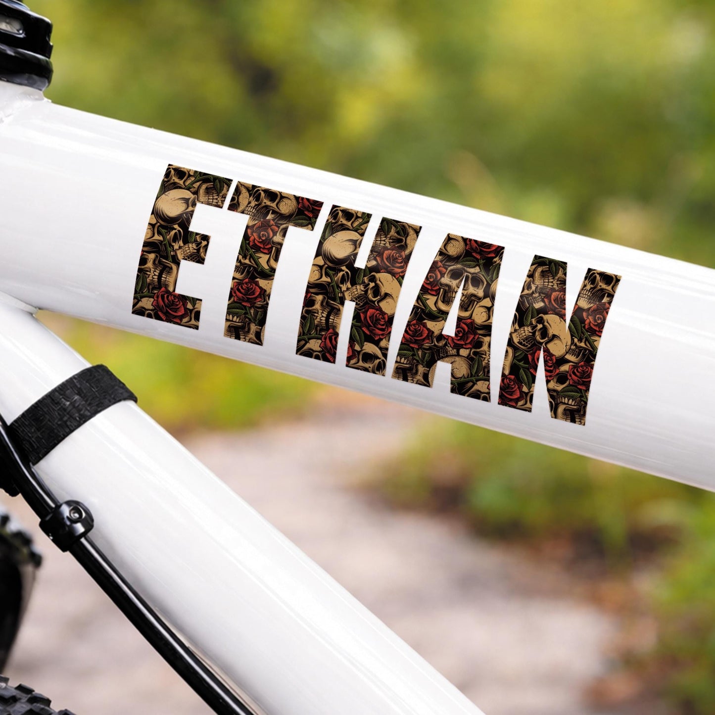 Personalised Name Sticker with Skull and Roses | Custom Vinyl Decal | Gothic Style Waterproof Sticker | Biker Aesthetic