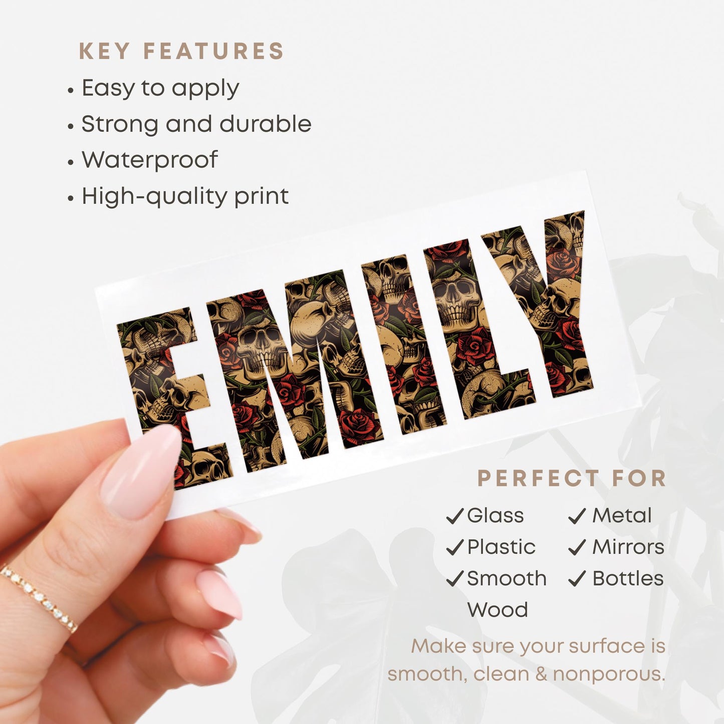 Personalised Name Sticker with Skull and Roses | Custom Vinyl Decal | Gothic Style Waterproof Sticker | Biker Aesthetic