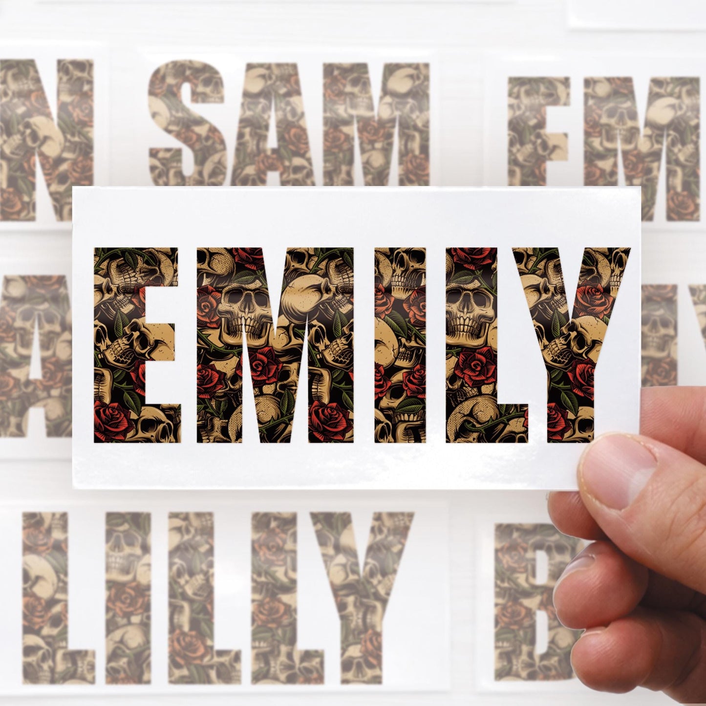 Personalised Name Sticker with Skull and Roses | Custom Vinyl Decal | Gothic Style Waterproof Sticker | Biker Aesthetic