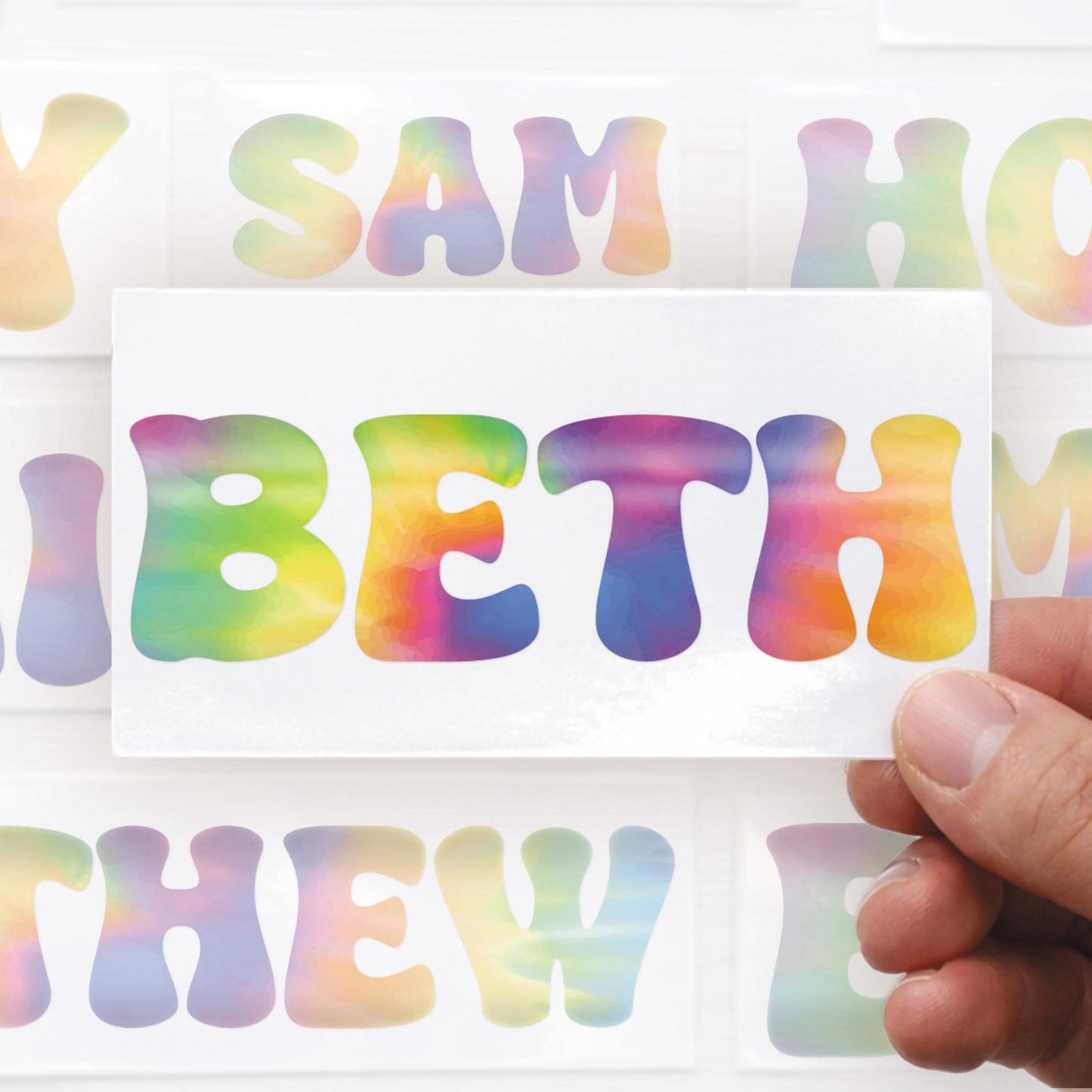 Personalised Tie Dye Name Sticker  Custom Vinyl Decal | Rainbow Retro 70s Style Waterproof Label for Bottles, Laptops, Bikes