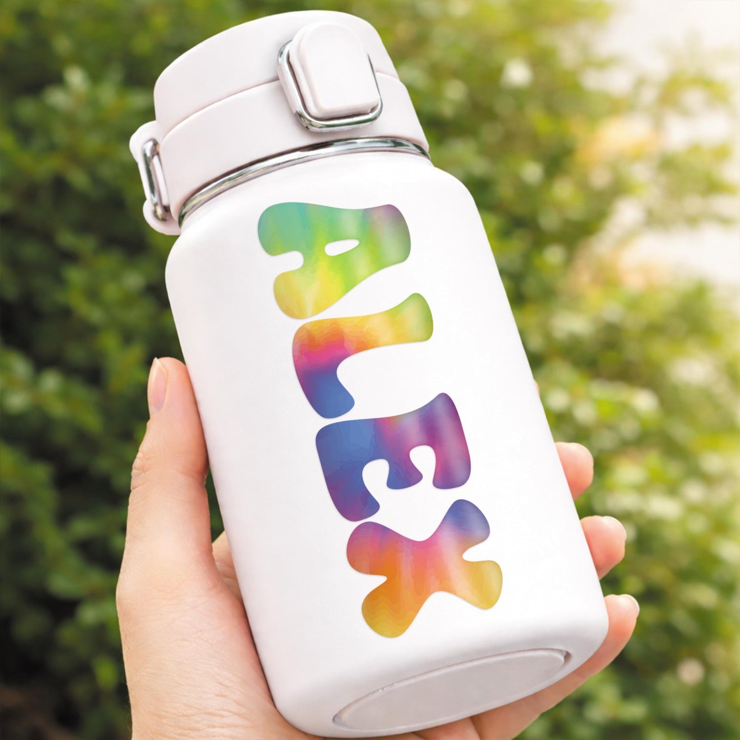 Personalised Tie Dye Name Sticker  Custom Vinyl Decal | Rainbow Retro 70s Style Waterproof Label for Bottles, Laptops, Bikes