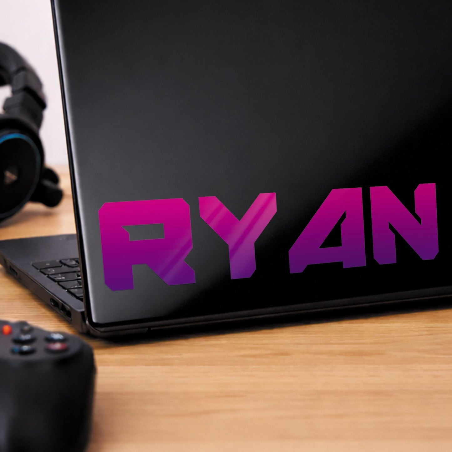 Personalised Name Sticker | Pink & Purple Gradient Vinyl Decal | Custom Gamer Style Waterproof Water Bottle Label