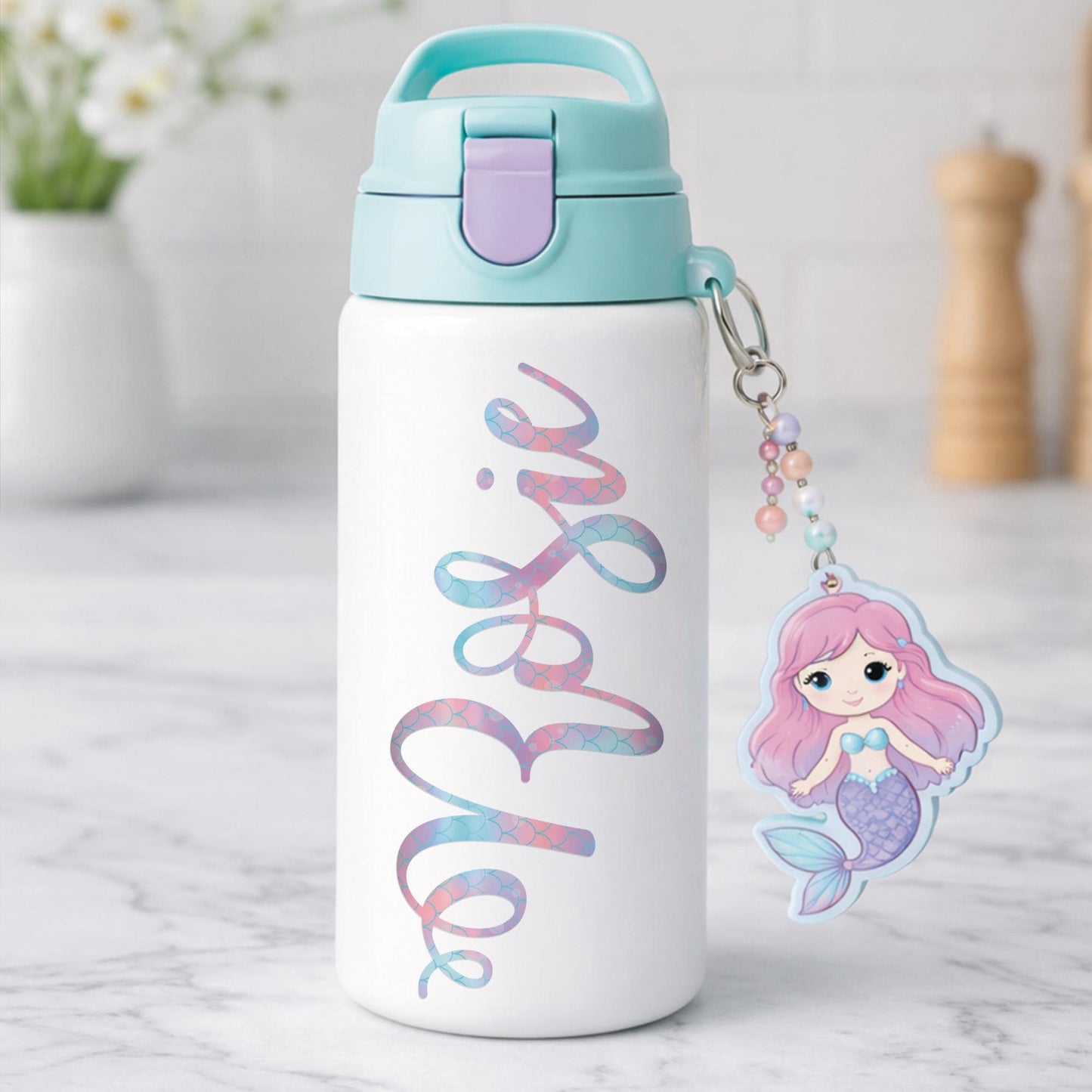 Personalised Mermaid Name Sticker | Custom Kids Name Decal Waterproof Pastel Rainbow Vinyl Bottle Label