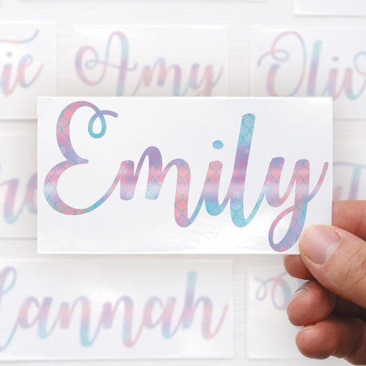 Personalised Mermaid Name Sticker | Custom Kids Name Decal Waterproof Pastel Rainbow Vinyl Bottle Label
