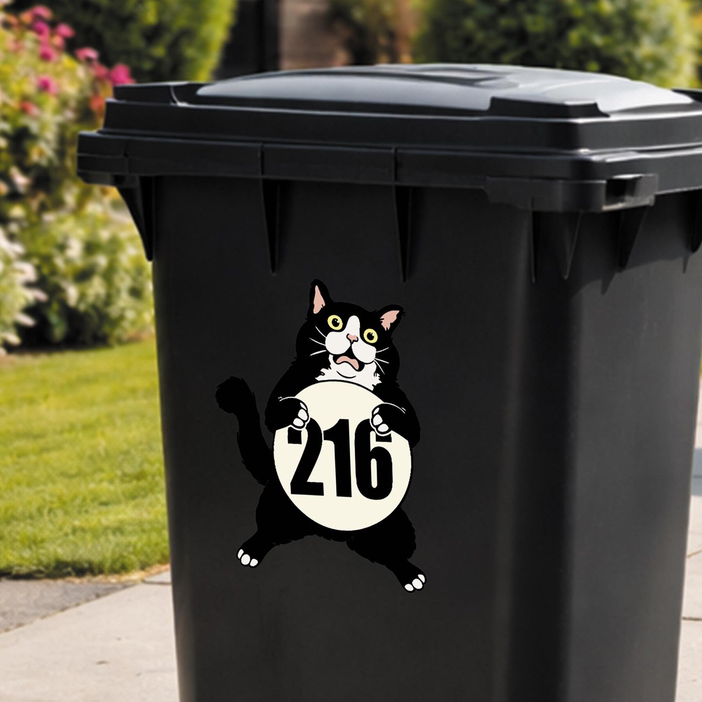 Funny Cat Wheelie Bin Number Sticker | Personalised House Number Bin Decal | Outdoor Vinyl Address Sticker | Cute Cat Bin Label