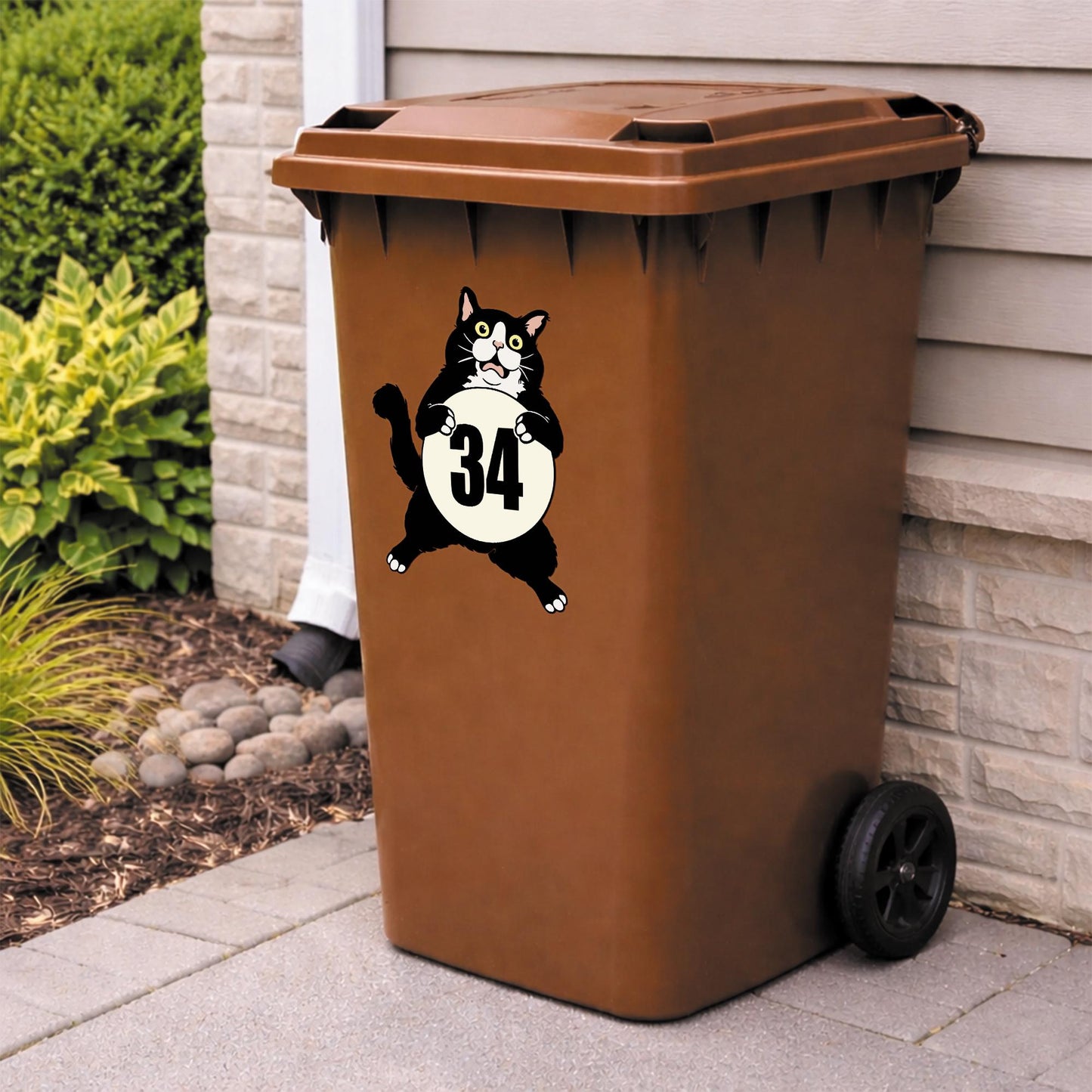 Funny Cat Wheelie Bin Number Sticker | Personalised House Number Bin Decal | Outdoor Vinyl Address Sticker | Cute Cat Bin Label