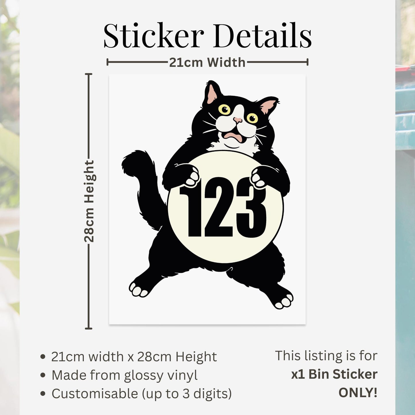 Funny Cat Wheelie Bin Number Sticker | Personalised House Number Bin Decal | Outdoor Vinyl Address Sticker | Cute Cat Bin Label