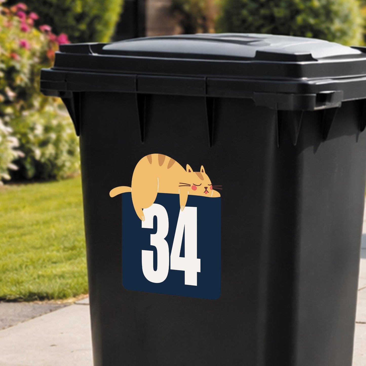 Personalised Wheelie Bin Sticker  Funny Sleeping Cat House Number Bin Decal  Cute Cat Sticker | Custom Bin Number