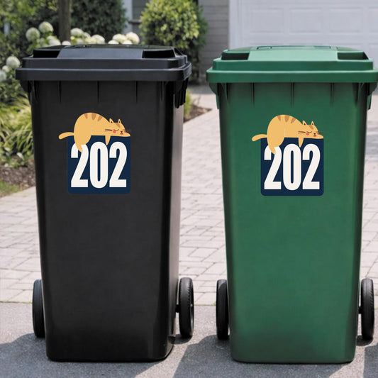 Personalised Wheelie Bin Sticker  Funny Sleeping Cat House Number Bin Decal  Cute Cat Sticker | Custom Bin Number