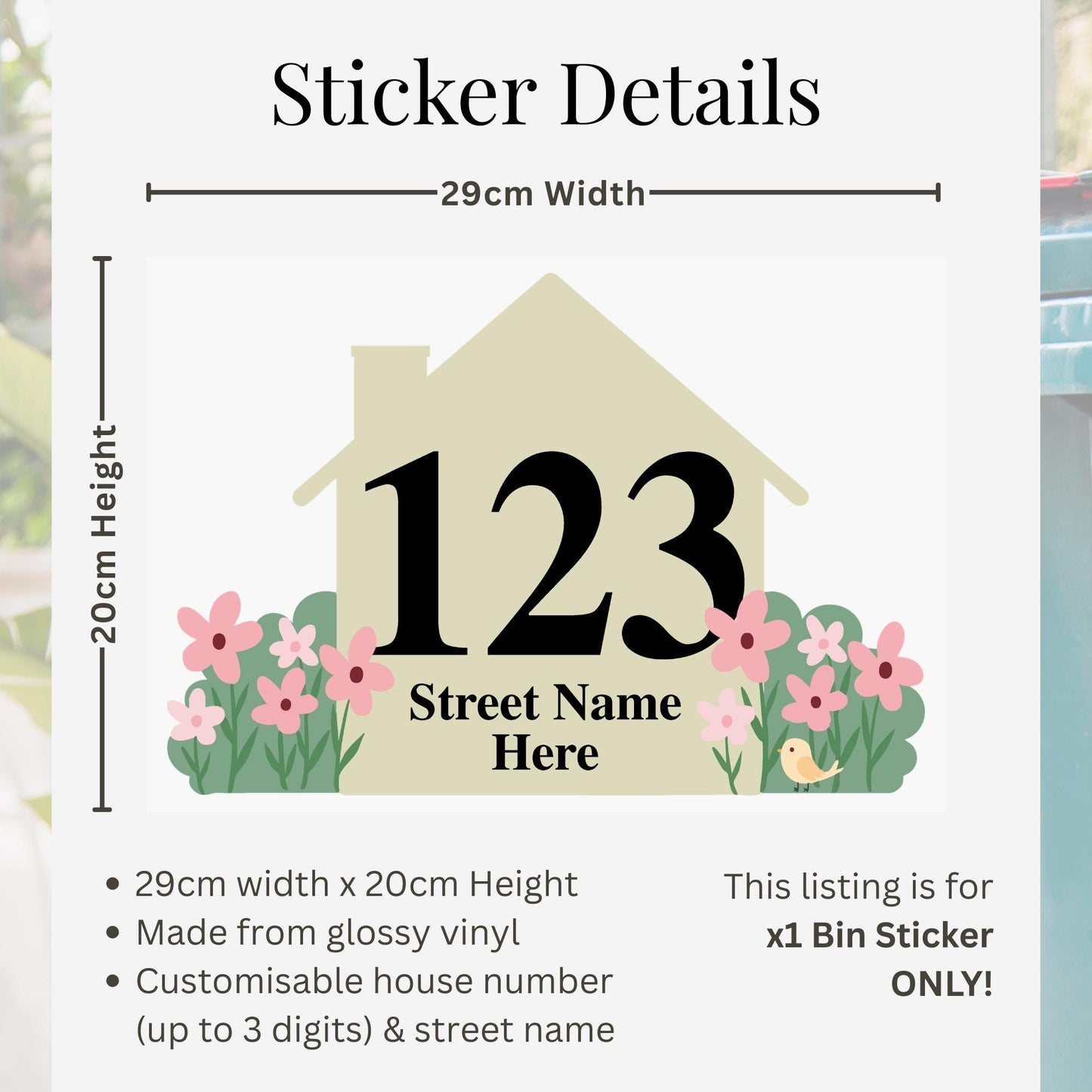 Personalised Wheelie Bin Sticker | Custom House Number & Street Name Bin Decal | Floral House Address Sticker | Wheelie Bin Label